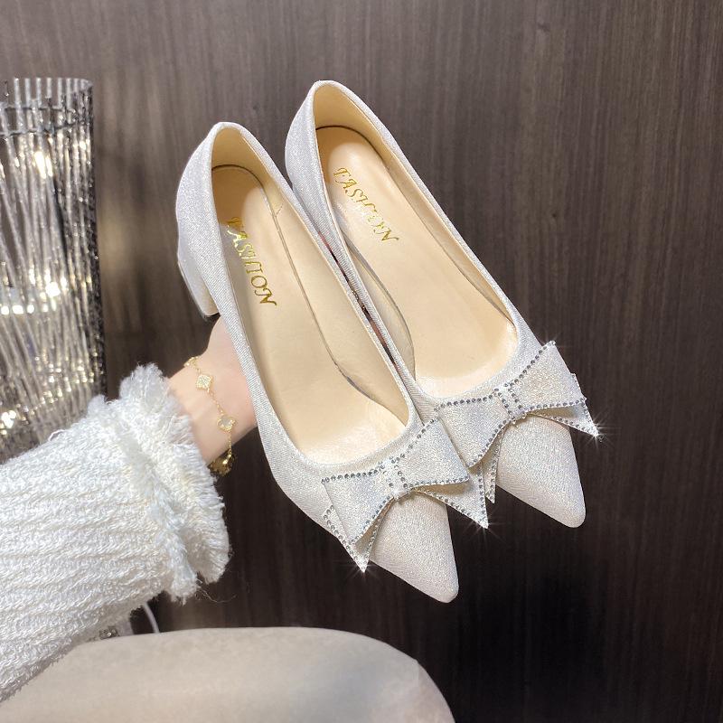 Velvet Pointed-Toe Chunky Heel Bridal Shoes - 2026 New Style, Comfortable High Heels for Women