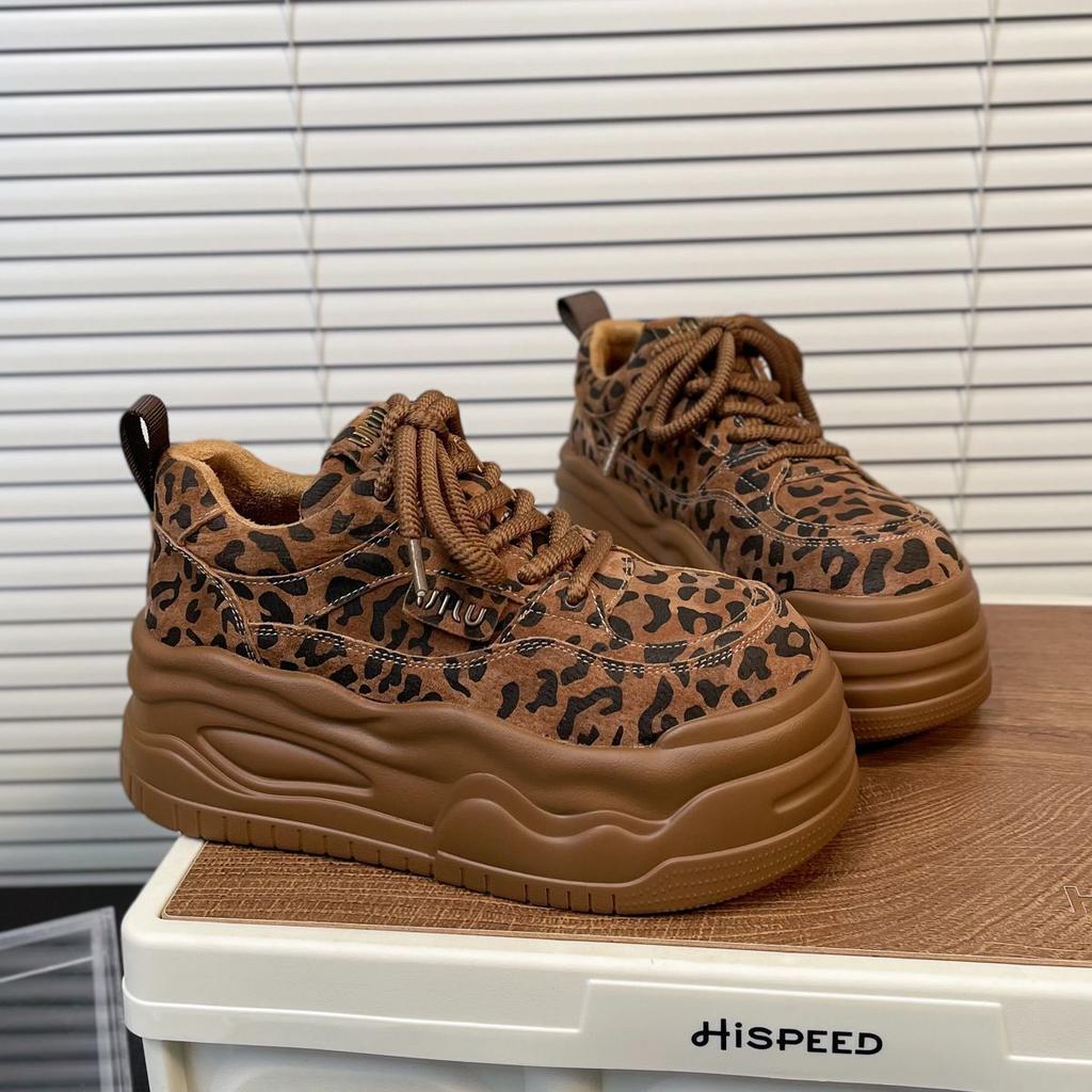 Soft Leather Muffin Thick-soled Leopard Print Board Shoes Heightening Shoes Women's Popular New Autumn Casual Biscuit Shoes