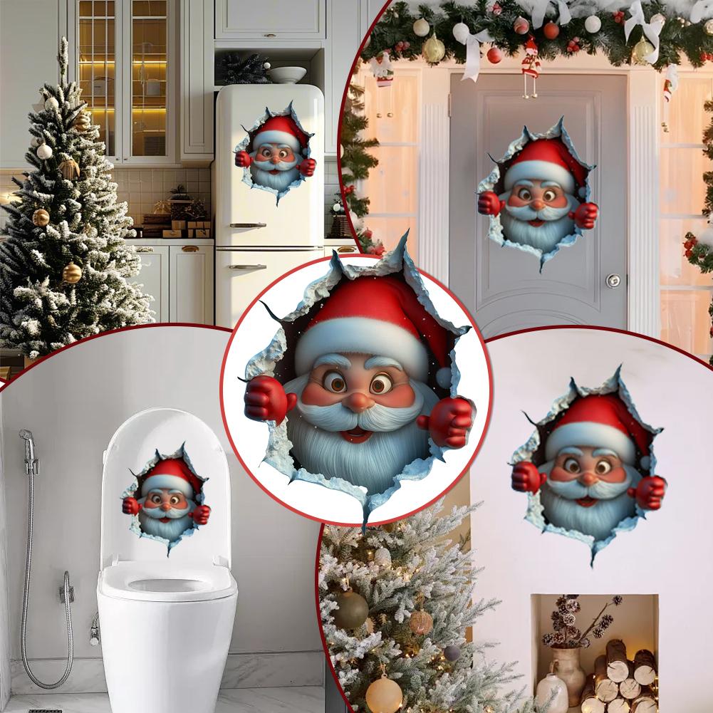 3D Stereo Santa Claus Break-Through Wall Decal Vinyl Christmas Wall Stickers, Removable Holiday Decor for Home and Living Spaces