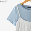 ZANZEA Women Casual Fake Two Piece Patchwork Summer Short Sleeve T-Shirts