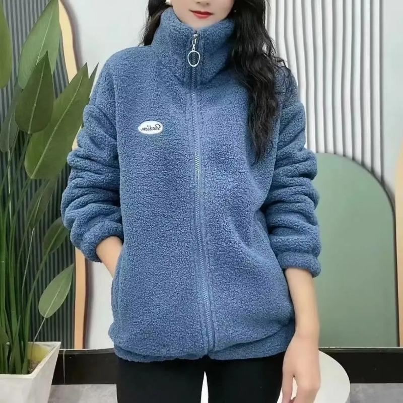 Dames Dikke Fleece Standkraag Jas Meerkleurig Warm Casual Herfst Winter Gezellige Buitenjas