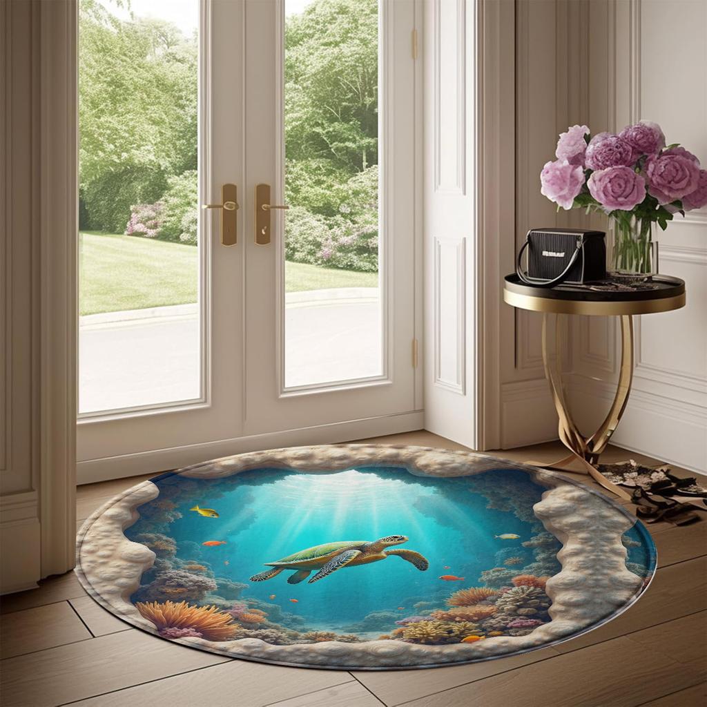 3D Realistic Sea Turtle Ocean View Round Rug, Underwater Coral Reef Marine Life Floor Mat for Living Room, Bedroom, or Entryway