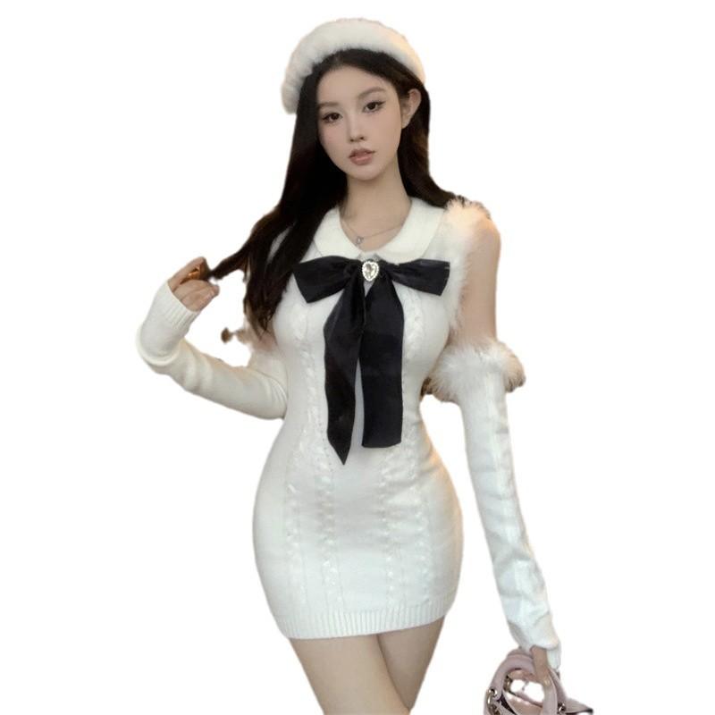 Women's clothing sweet fluffy decorative thick needle wool hip dress