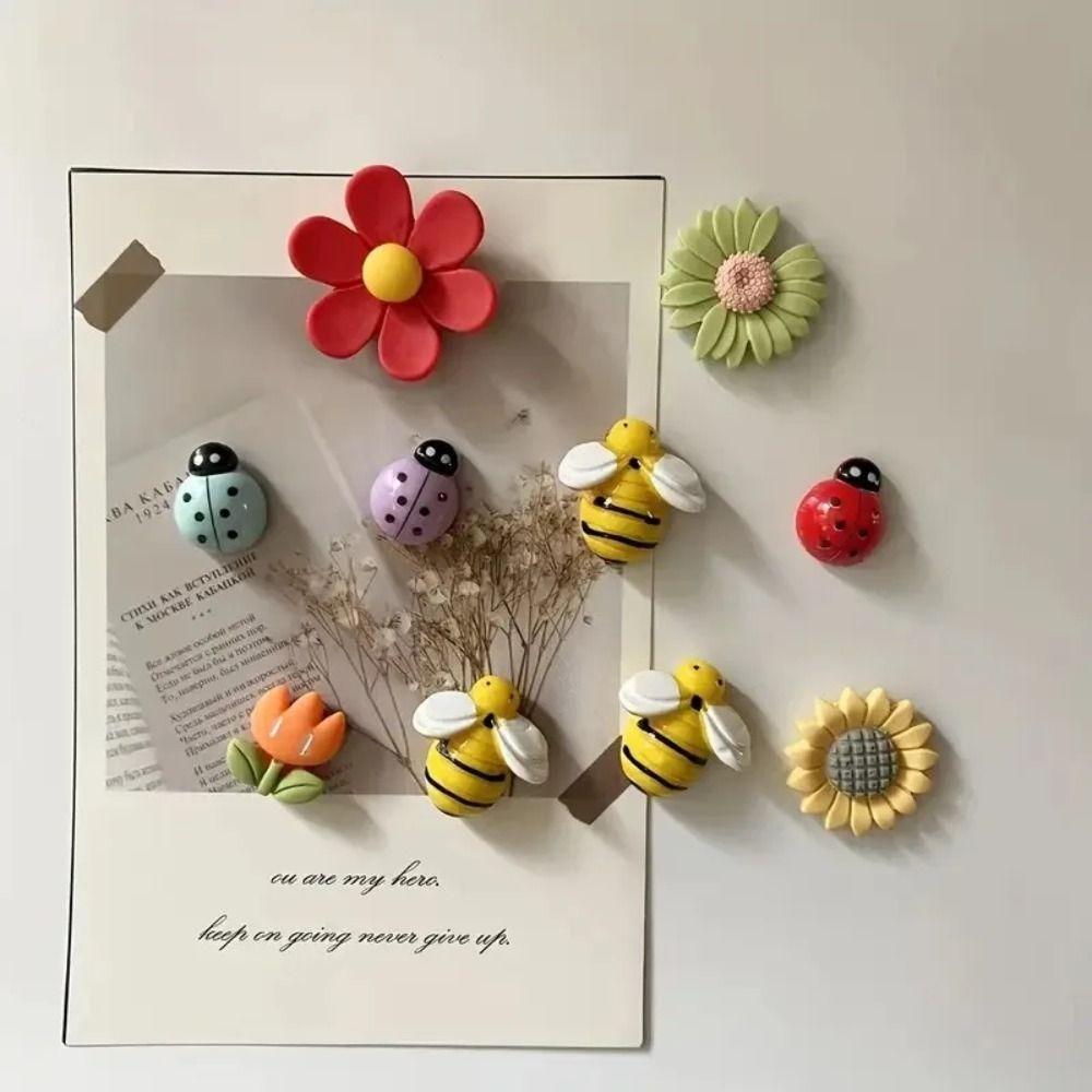 10pcs Adorable 3D Refrigerator Magnets Flower Insect Resin Fridge Magnets Home Decoration Cartoon Magnetic Sticker Kitchen