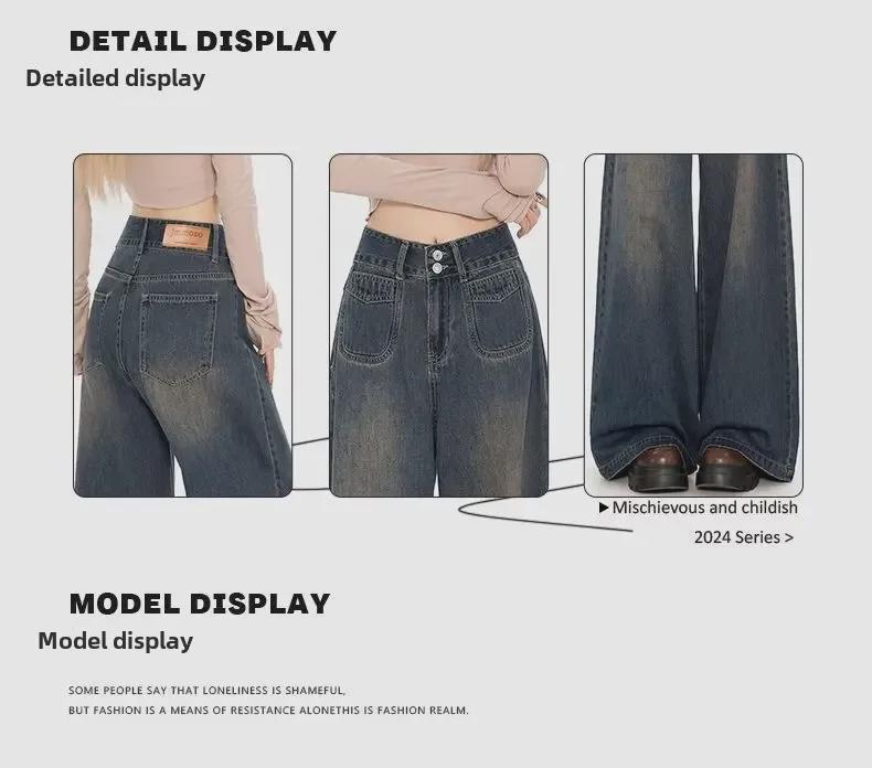 Retro Graue High-Waist Wide-Leg Jeans für Damen - Herbst 2024 Kollektion