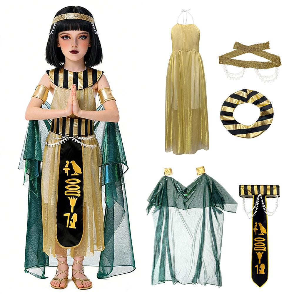 Costume da Faraone Egiziano per Bambini di Halloween, Abito da Performance Teatrale Opera Dea, Set Deluxe Costume da Re Regina Antico Egitto per Giochi di Ruolo