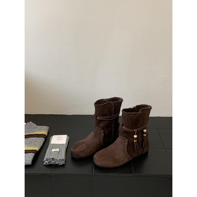 

2025 autumn new retro strap fringed boots bosmian flat bottom short boots women 39