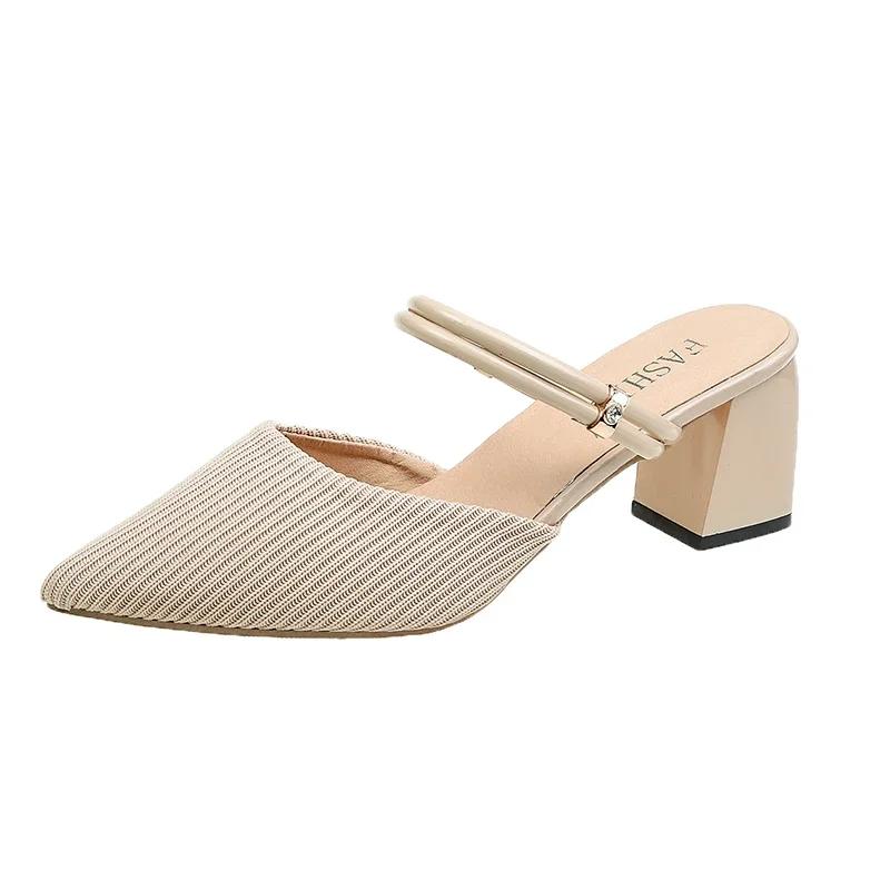 Fashion Summer New Women Pointed Toe Fashion Two-wear Comfortable Sandals Female Thick Heel Sexy Elegant Slippers Ladies Slides Shoes