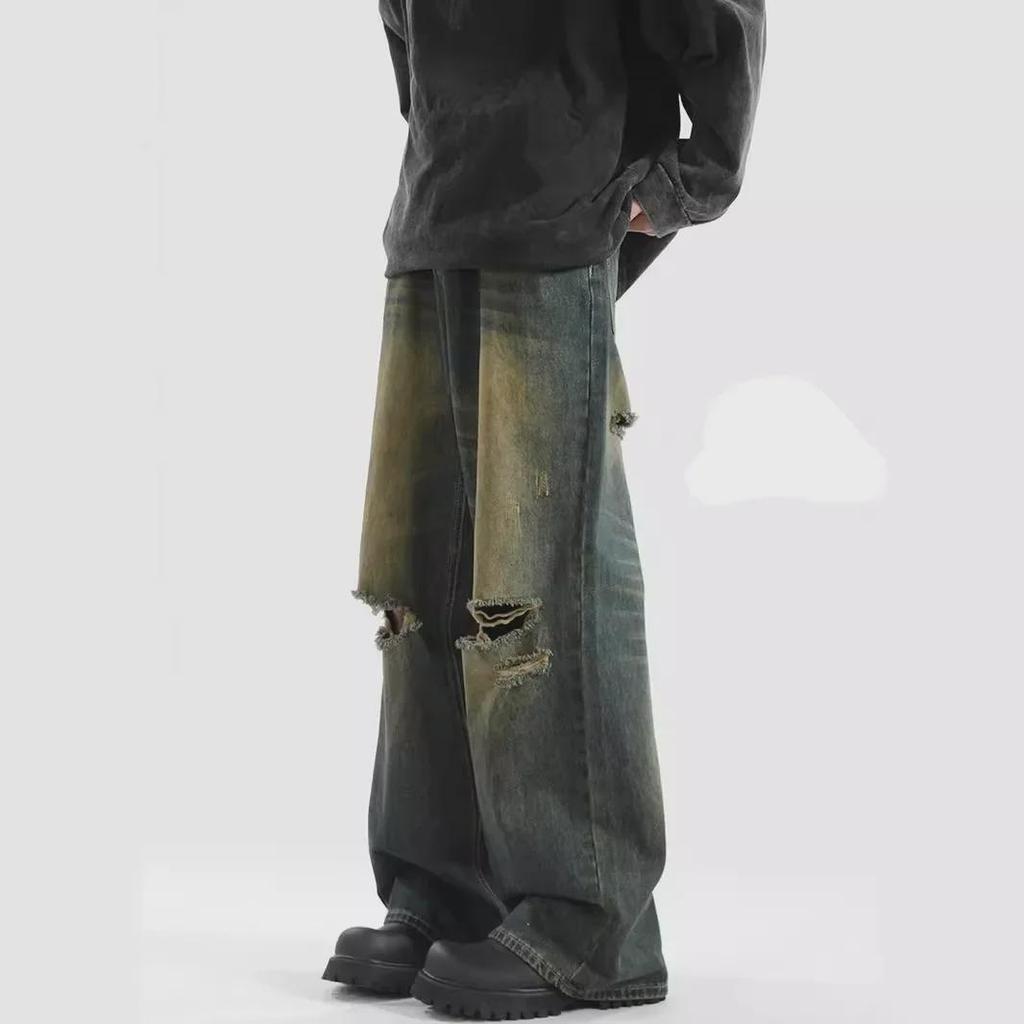 Men's Yellow Mud-Dyed Retro Flared Jeans - Summer Trendy, Loose, Floor-Length.