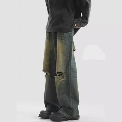 Men's Yellow Mud-Dyed Retro Flared Jeans - Summer Trendy, Loose, Floor-Length.