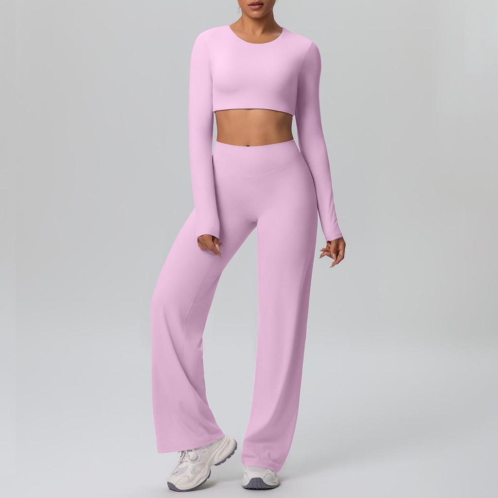 European Sportswear Yoga Set: Long Sleeve Top with Chest Pads and Breathable Straight-Leg Pants for Women