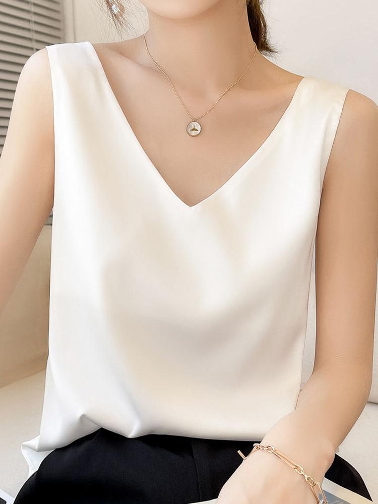 Canotta da donna con cinturino e scollo a V, canotta basic in seta senza maniche, canotta estiva femminile taglie forti