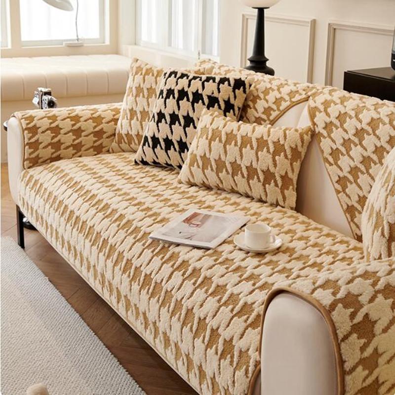 Fashionable Thousand Bird Grid Sofa Cushion Winter Thickened Plush Cushion Dust Proof Warm and Anti Slip Sofa Cushion Cover