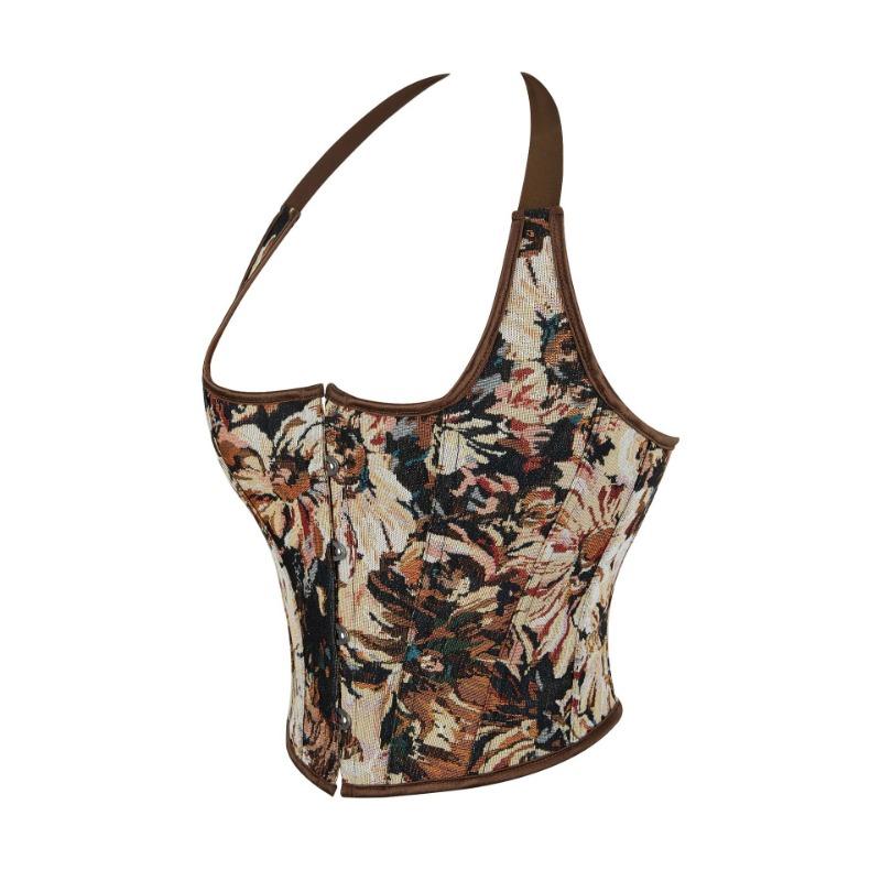 Vintage Kwiatowy Top Korsetowy na Szyję Zapięcie z Przodu Biustonosz Crop Top