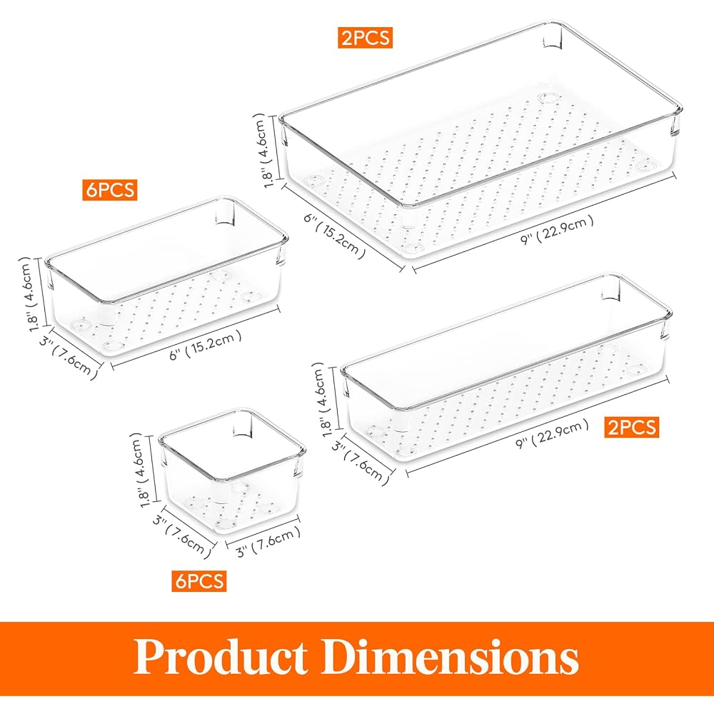 Lifewit Drawer Organizer Tray Set 16 Pieces Clear Plastic Storage Box for Makeup Accessories and Small Items