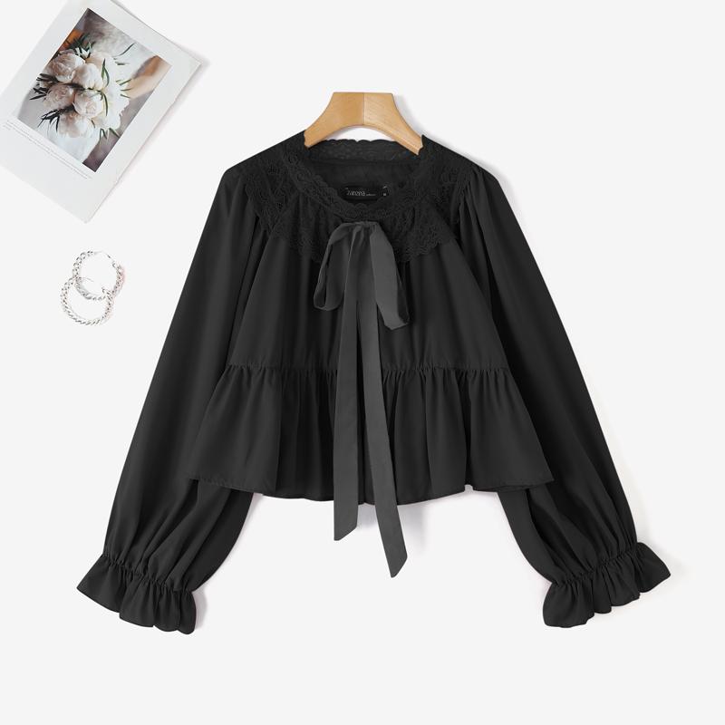 

ZANZEA Женская Элегантная Блузка с Кружевной Отделкой и Длинным Рукавом в Повседневном Стиле XL чёрный