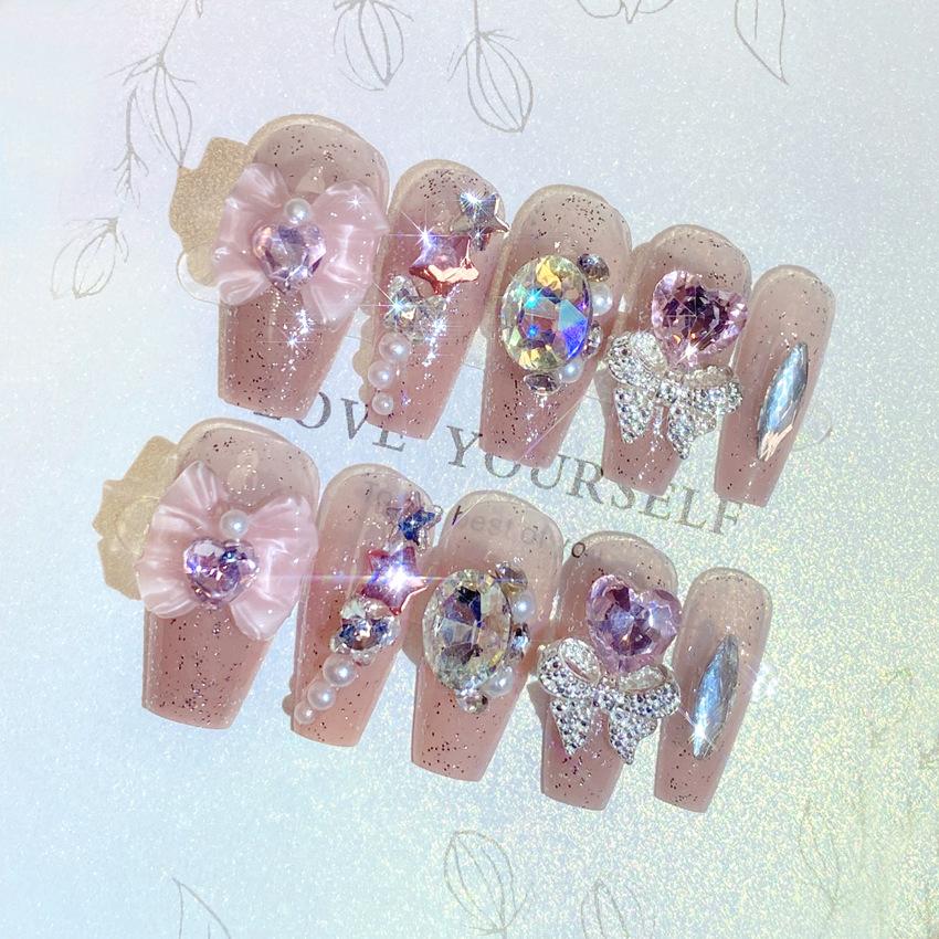 24Pcs Long Press On Nails With Glitter Diamond Pearl Bowknot And Crown Design Artificial Acrylic Fake Nail Tips