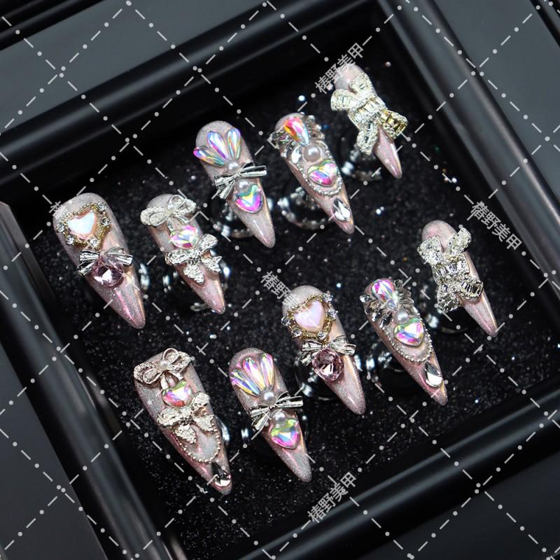 Sweet Girl Press-On Nails With Heart Bow Rhinestone Design Long Almond Shape Acrylic False Women