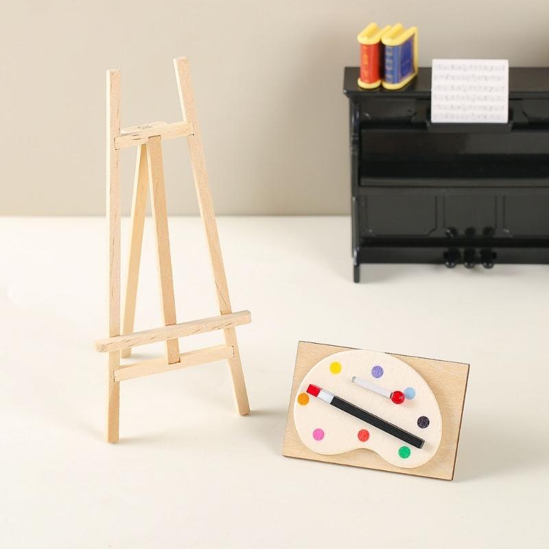 Wood Miniature Art Easel Stand Set Doll House Accessories Kids Toy For Creative Play And Learning Scene Display Decors