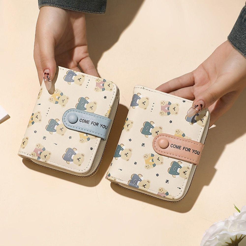 Cute PU Leather Short Wallet Bear Short Coin Purse Zipper Storage Bag Women Girls