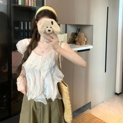 Zoete Stijl Gekreukelde V-hals Korte Mouw Blouse voor Dames Nieuw Niche Chic Ontwerp Franse Top