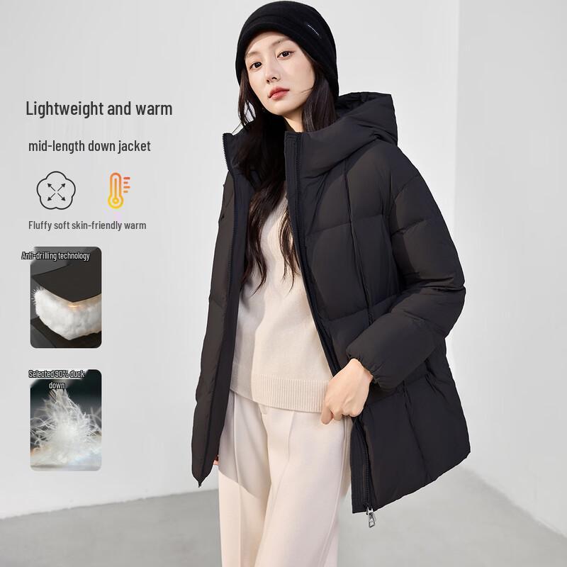 HSTYLE Women's Mid-Length White Duck Down Hooded Puffer Jacket