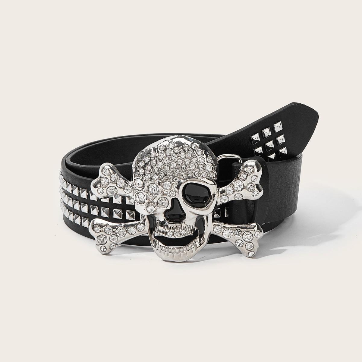 

2025 New Trendy Belt Personalized Creative Fashion Skull Youth Belt Punk Style Snap on Casual Versatile Men s Belt 105CM чорний