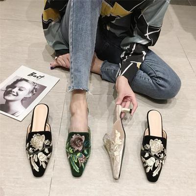 2026 Summers Embroidery Women Mules Slippers Luxury Fashion Elegant Pointed Toe Slides Shoes Ladies Dress Flats Sandalias