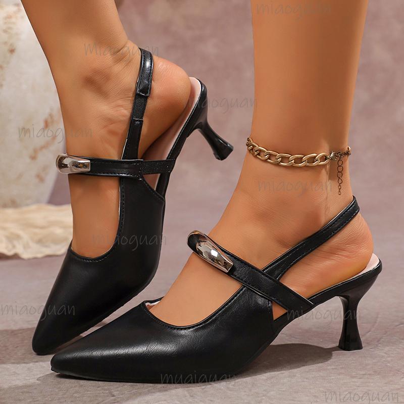 Women's Metal Decoration Stiletto Heel Shoes Elegant Pointed Toe Party Dress Pumps Woman Summer Slingback Heels Sandals