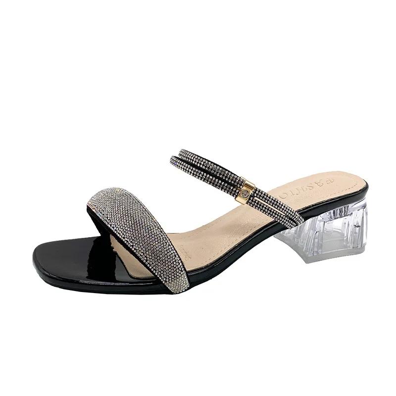 

Модные блестящие золотые серебристые женские сандалии Лето 2025 Кристальные высокие каблуки Квадратный носок Вечерние туфли Женские сабо на толстом каблуке Сандалии 41 чёрный