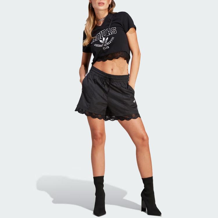 Adidas Originals Trefoil Cropped Lace Trim Tee With Letter Logo Embroidery And V-Neck Women Tops Black IL2417