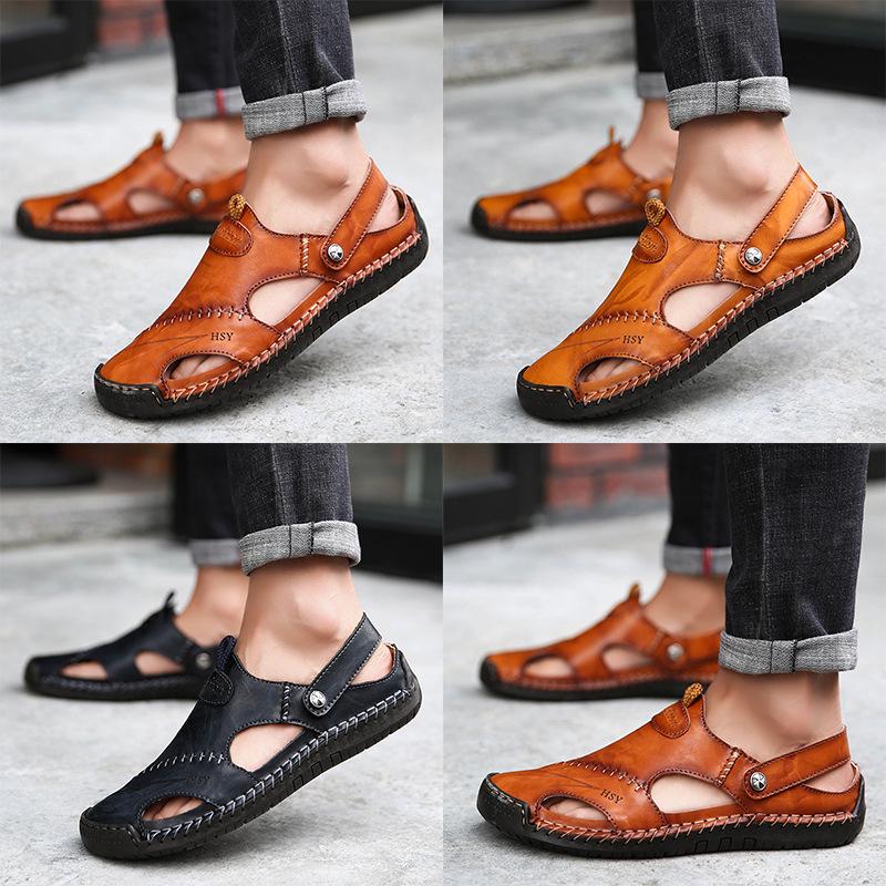 Men's Plus Size Closed Toe Leather Sandals - Trendy British Casual Beach Shoes