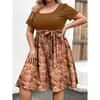 Women's Fashionable And Trendy Round Neck Short Sleeved Waist Print Dress In Plus Size