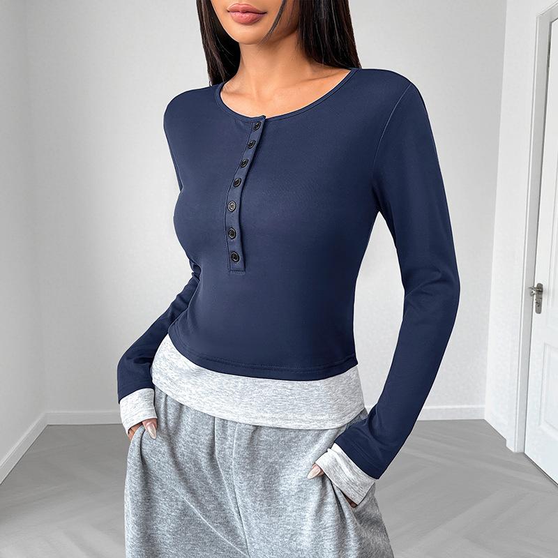 

2025 Новая повседневная футболка с круглым вырезом, имитация двух частей, топ с длинным рукавом для женщин S синий