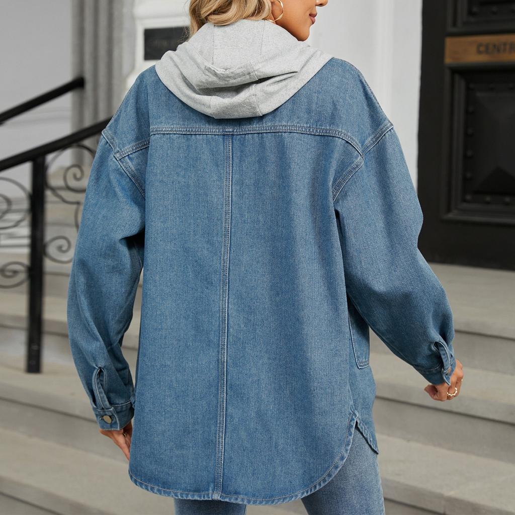Women's Fashionable Versatile Classic Retro Solid Color Lapel Long Sleeved Pocket Loose Denim Jacket