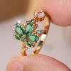 Green Crystal Maple Leaf Opening Rings For Women Vintage Gold CopperColor Engagement Ring Wedding Jewelry Valentine's Day Gift