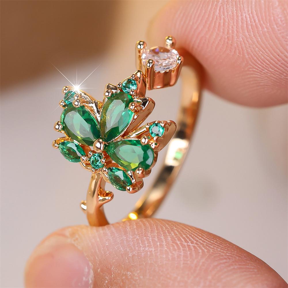 Green Crystal Maple Leaf Opening Rings For Women Vintage Gold CopperColor Engagement Ring Wedding Jewelry Valentine's Day Gift