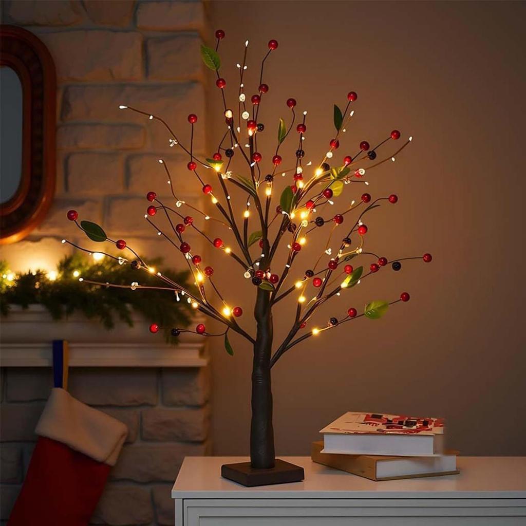 Lighted Red Berry Blossom Tree Lighted Christmas Decoration Desk Decor Holiday Tree for Apartment Restaurant Event Planners