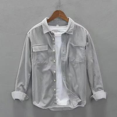Giacca Sottile Retro a Tasche Casual in Velluto a Coste a Maniche Lunghe con Bavero Traspirante Ampia da Uomo per Primavera e Autunno