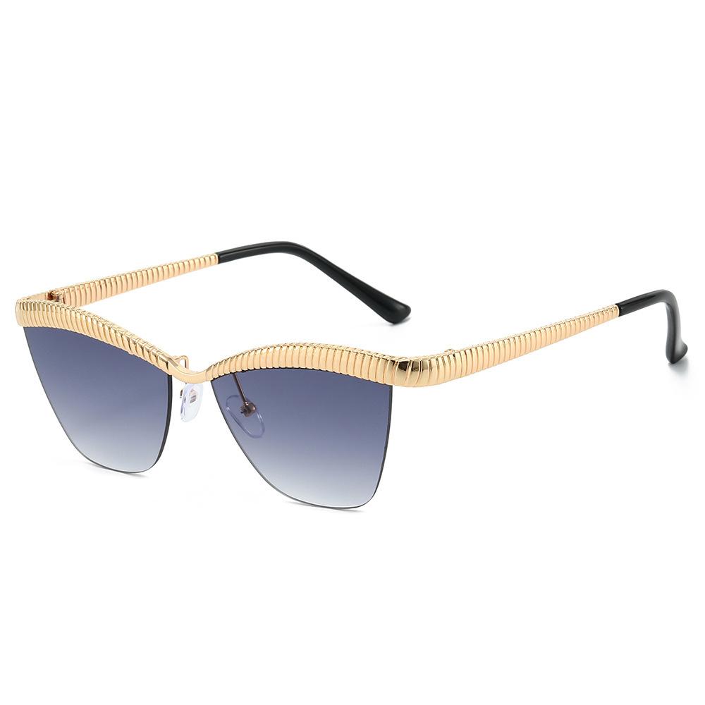 New half-frame fashion sunglasses, European and American personalized Internet celebrity cat eye ins wind striped metal sunglasses