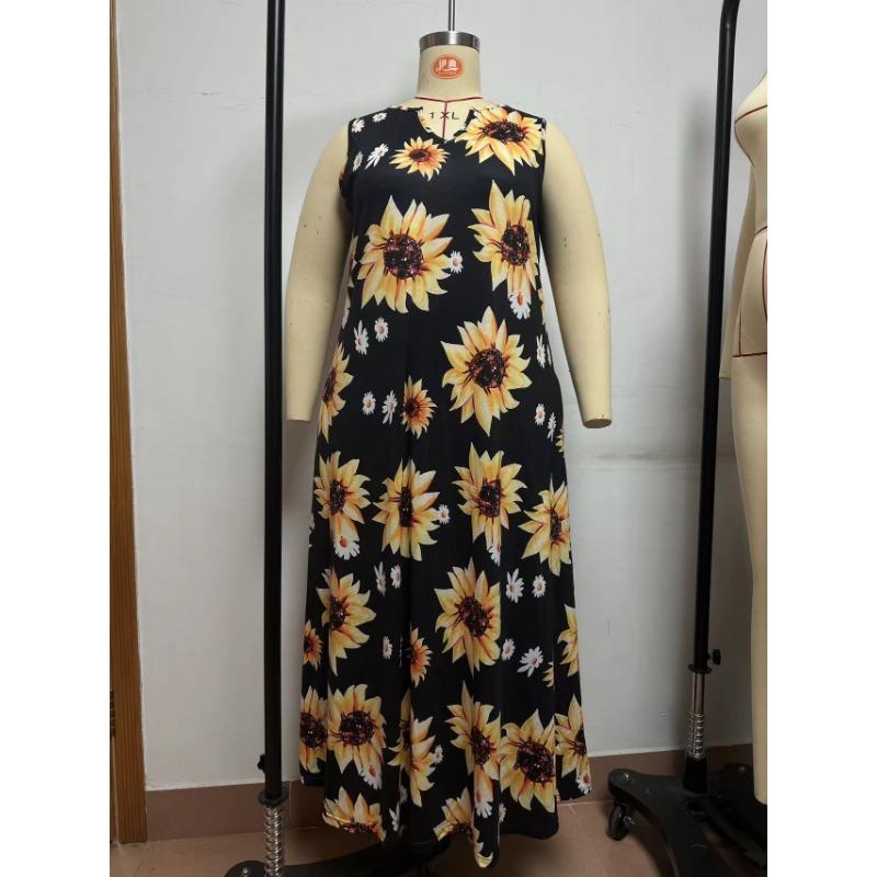 Sommerkleid Mode Übergröße Damen Kleider mit Sonnenblumen-Print