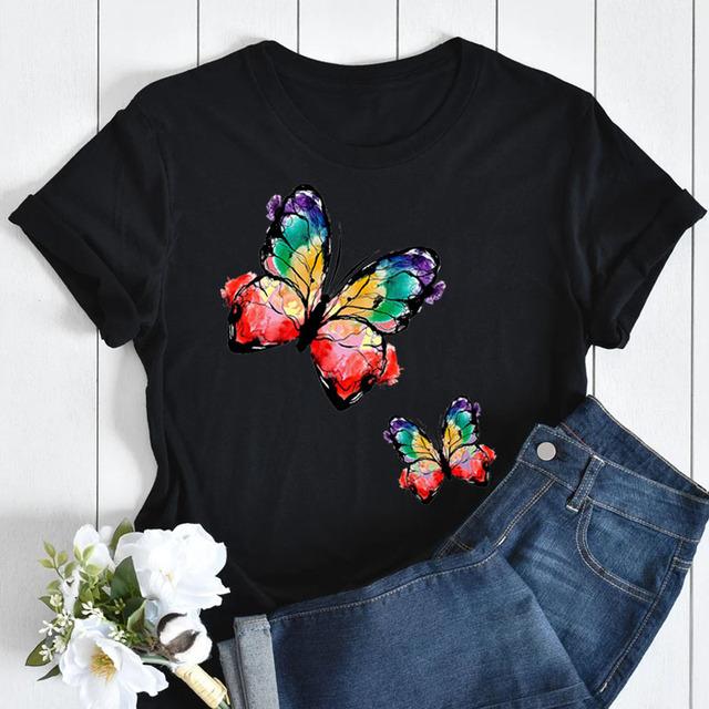 Butterfly Love Heart Print T Shirt Women Fashion Black T Shirt Female Short Sleeve Cute Graphic Tee Shirts Ladies Summer Tops