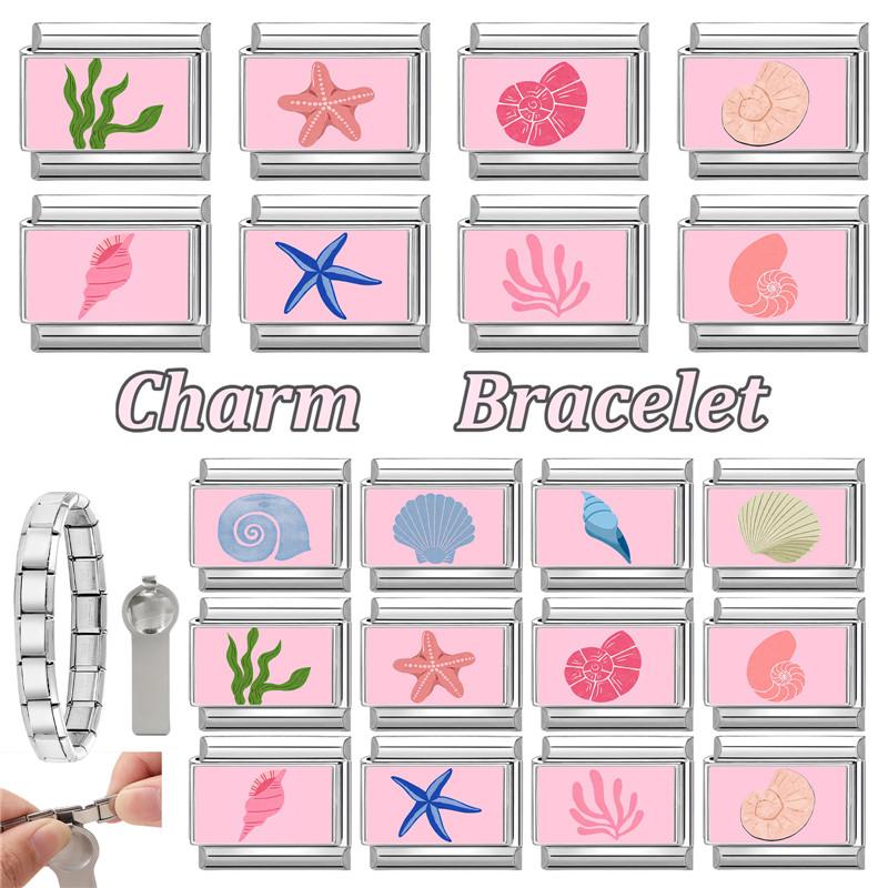 New Pink Sea Series Starfish Shell Crab Conch Italian Charm Links Fit 9MM Stainless Steel Bracelet Women Men DIY Making Jewelry