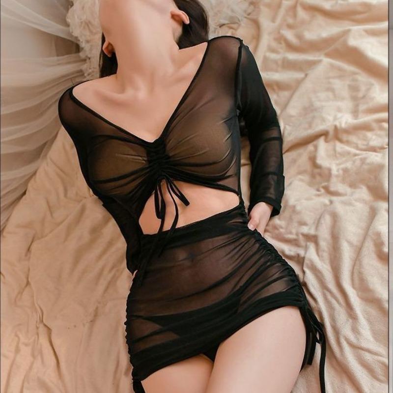 Perspective love underwear sexy perspective mesh one-piece pajamas hollow uniform temptation hip skirt