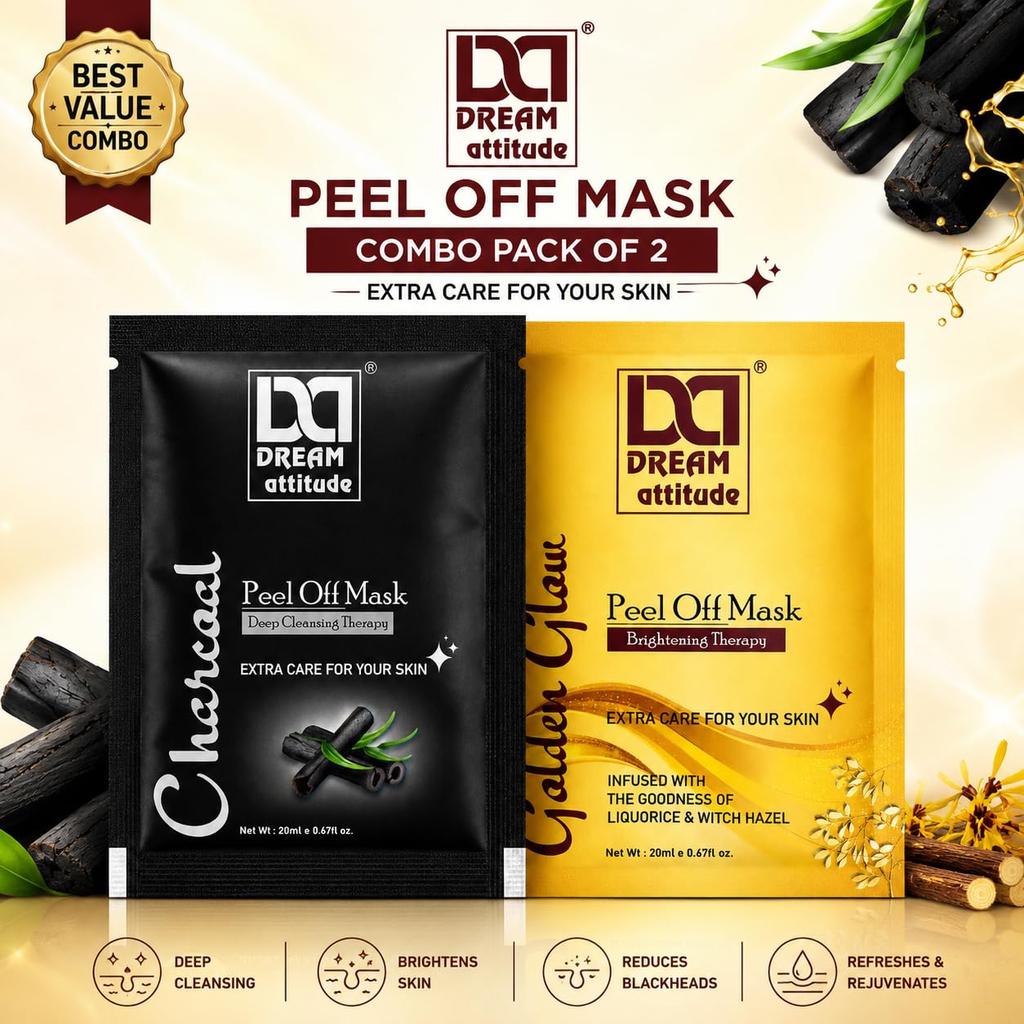 Peel Off Mask Combo Pack of 2 | Charcoal Deep Cleansing Therapy & Golden Glow Brightening Therapy Face Mask Sachets for Fresh, Clean & Radiant Loo