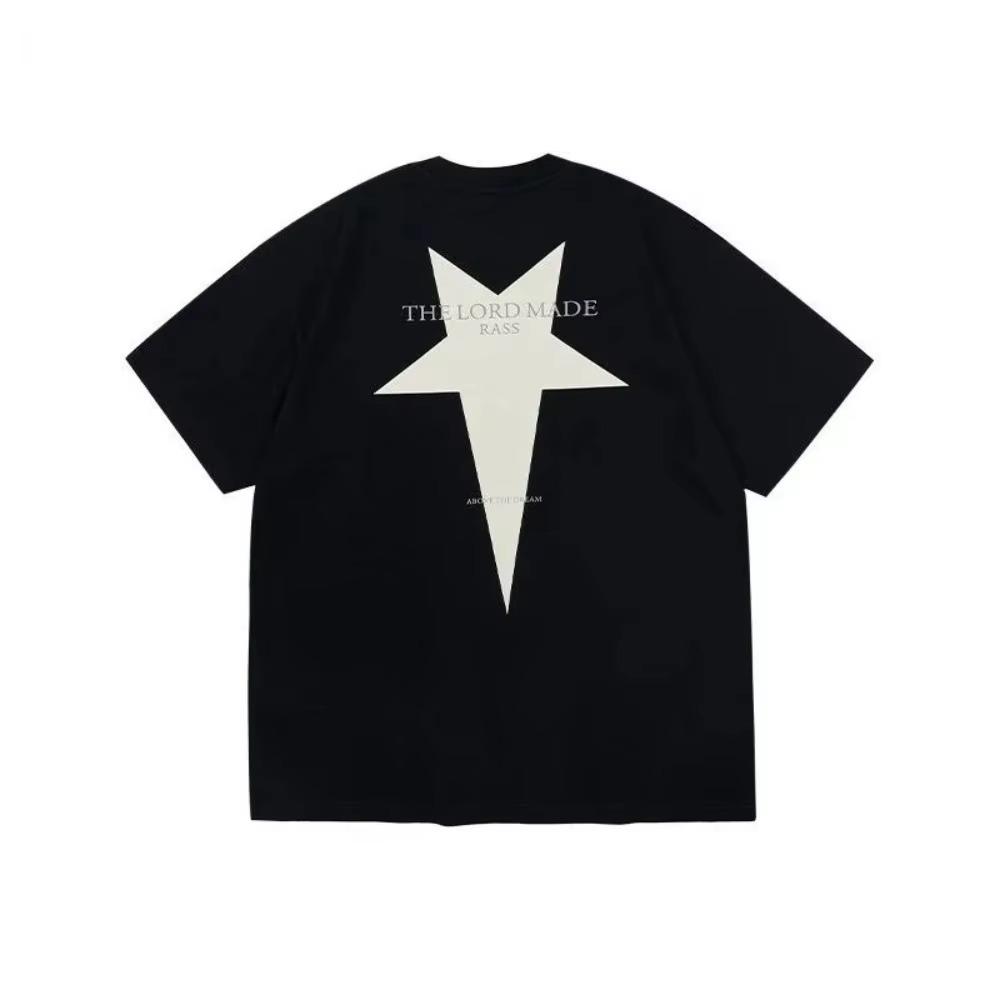 Summer Fashion Heavyweight Retro Men's Pentagram Cotton Printed Round Neck High-quality Casual Fitness Street Sports T-shirt