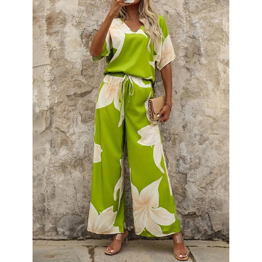 YYFS Damenmode Lässig Sommer Frühling Blumenmuster Druck Kurzarm V-Ausschnitt Hosen Hosen Anzüge