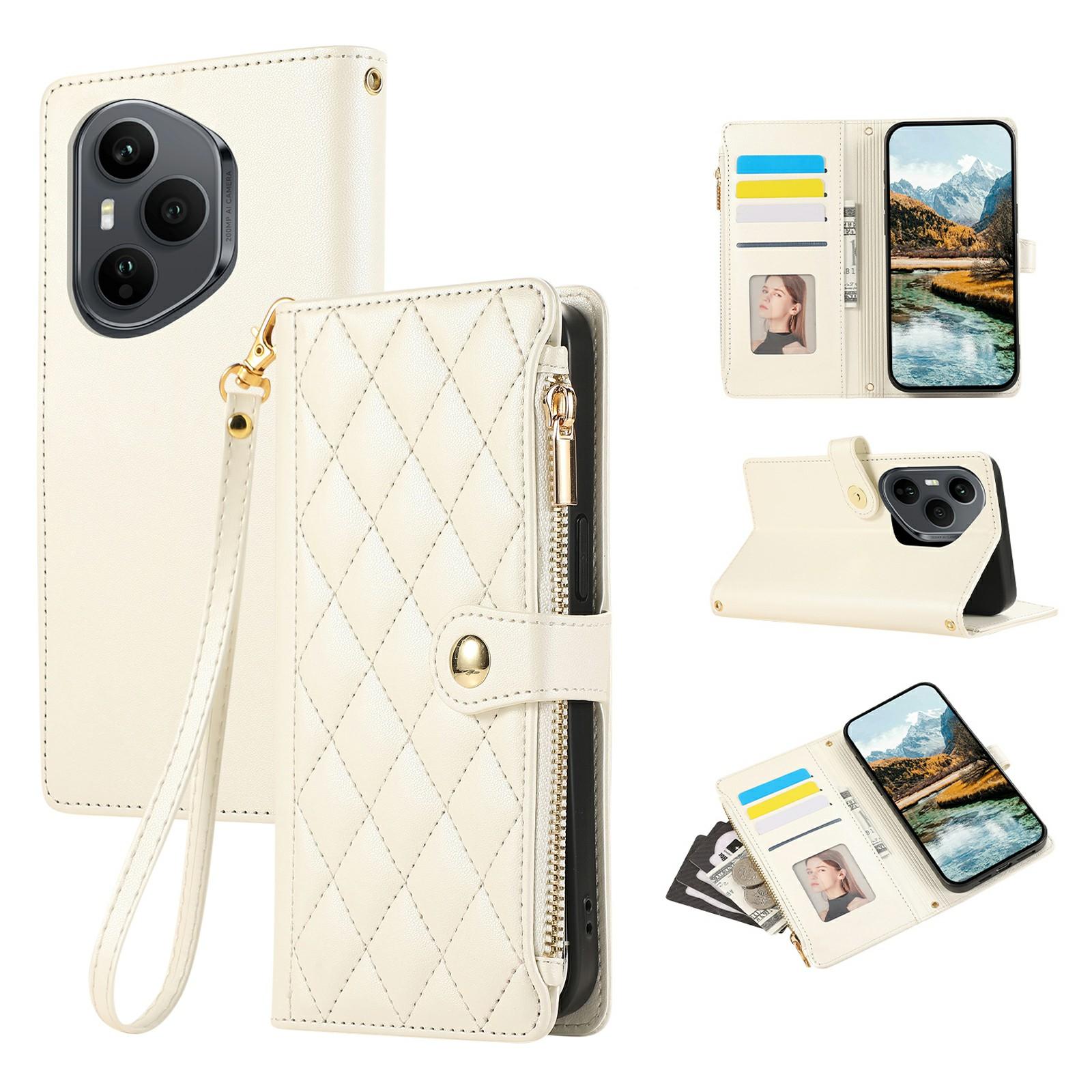 

For Honor 400 Pro 5G (Global) Case Multi Card Slots Zipper Rhombus Leather Phone Cover with Wrist Strap Beige