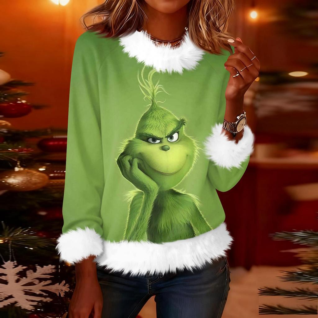 Women's Fashionable Christmas Printed Round Neck Long Sleeved Casual Pullover T-shirt Top