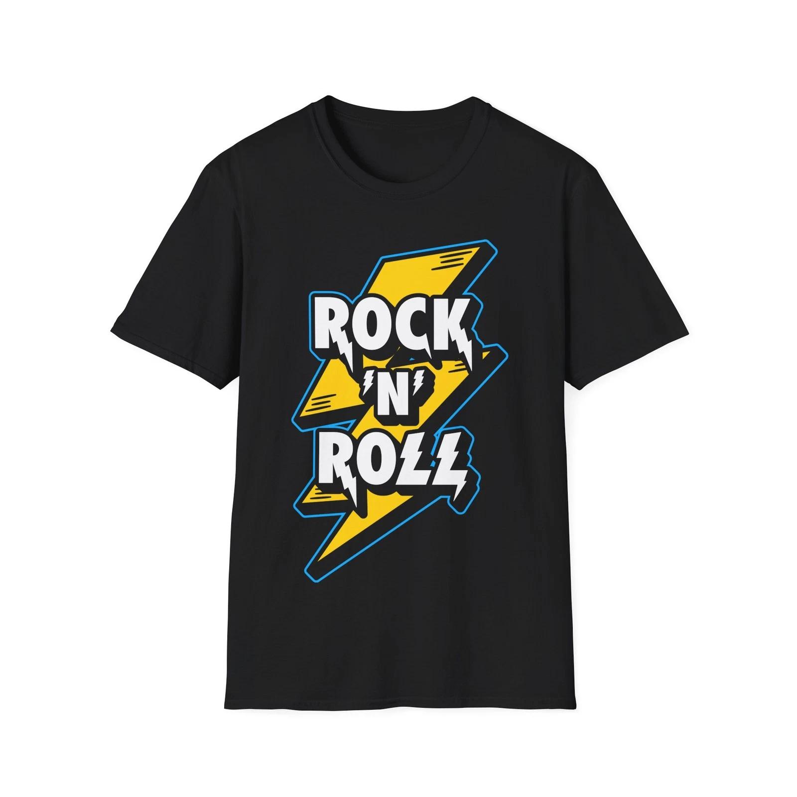 Rock N Roll Logo with Lightning Bolt T-Shirt, Classic Rock Tee, Regular Fit Top 4XL